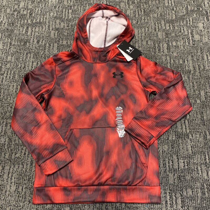 UA Under Armour Boys Fleece Printed Hoodie Dark Red/ Black Sweatshirt M Medium
