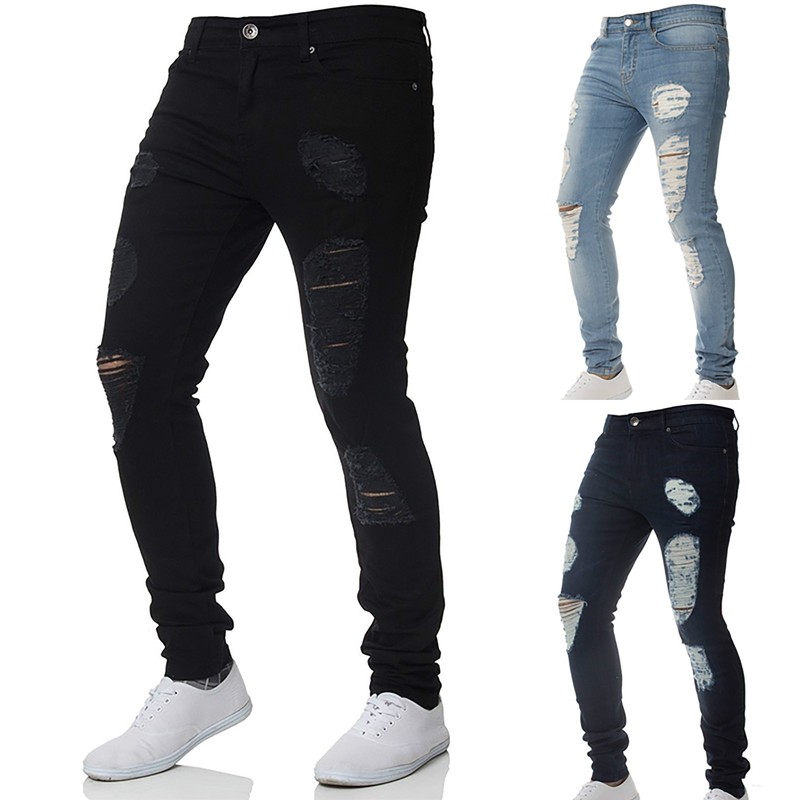 Men Stretch Ripped Skinny Jeans Distressed Frayed Slim Fit Biker Denim Pants 3XL