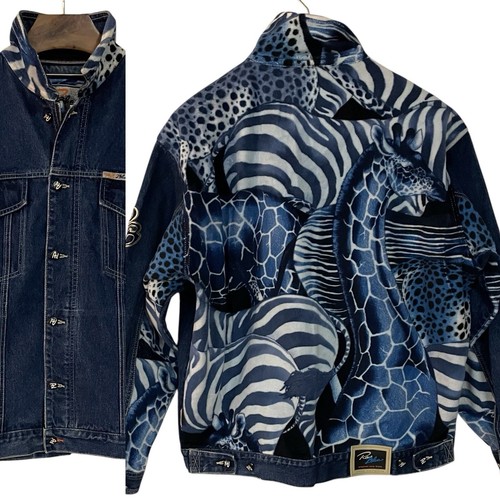 VTG Raw Blue Rugged Wear Denim Jacket Blue Giraffe Fleece