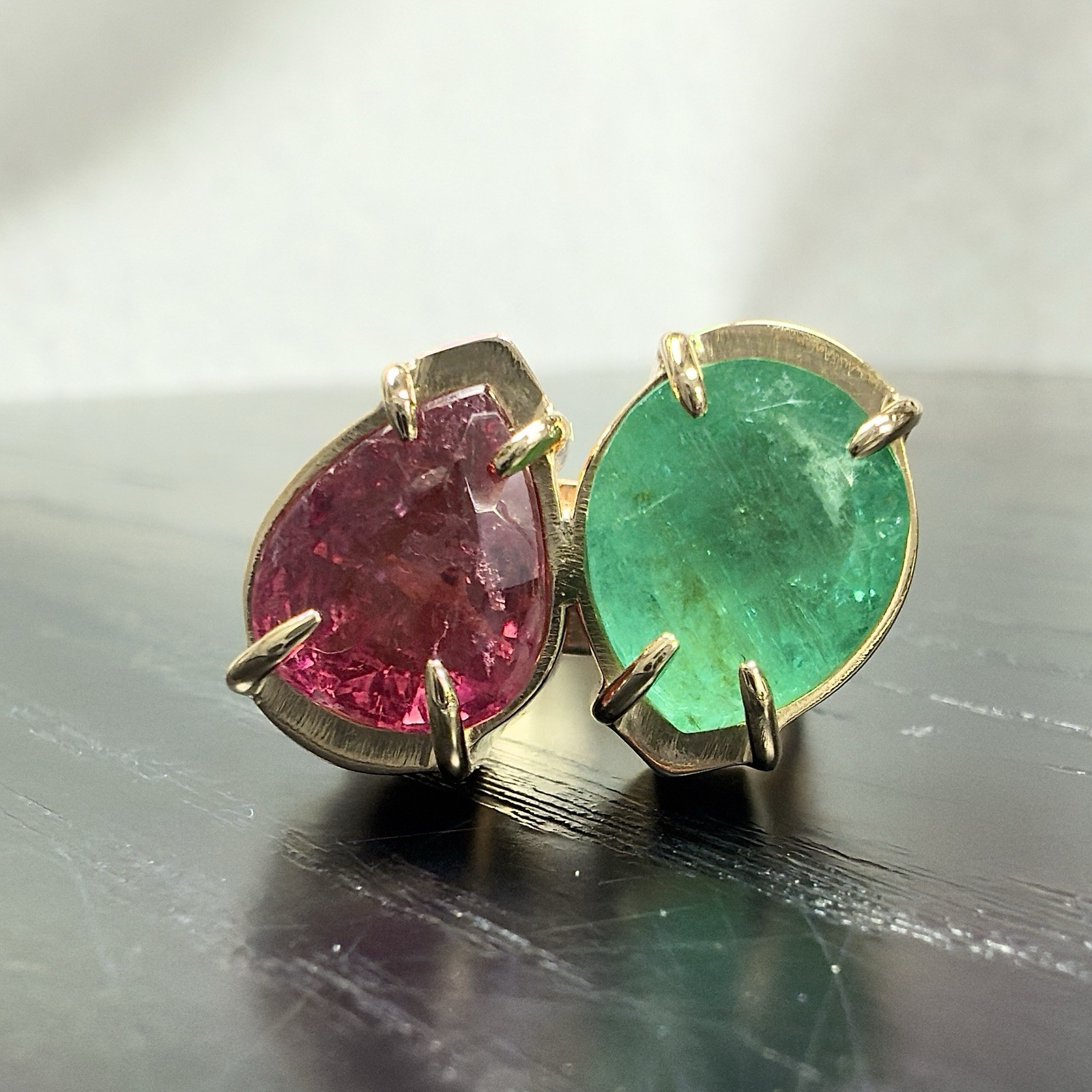 14k Yellow Gold Genuine Emerald & Pink Tourmaline Modernist Ring, New Size 6.5 - Picture 7 of 14