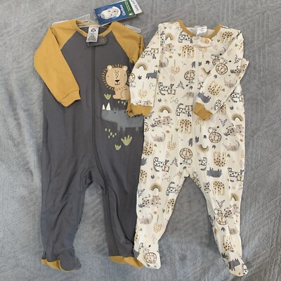 Gerber Onesie Set Of 2 Noah s Ark Footed Full Zip Size 3-6 Months NWT