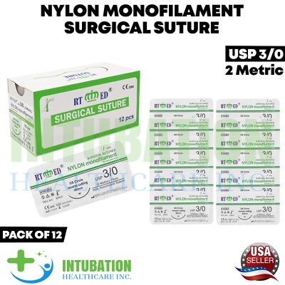 3/0 Suture Nylon Monofilament Thread Sterile Sutures Threads & Needle  12 Pcs