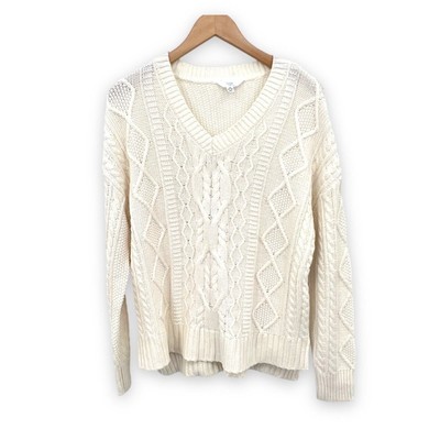 Time & Tru cream cotton blend cable knit V neck pullover sweater M NEW