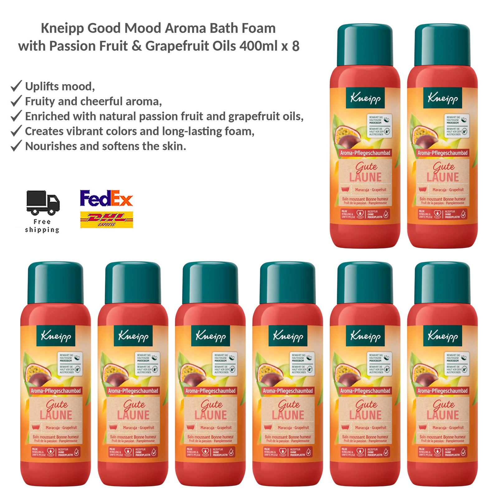 Kneipp Gute Laune Bath Foam Passion Fruit & Grapefruit Oils Uplifts Mood 8x400ml