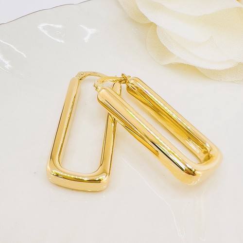 14k Yellow Gold Thick Rectangular Hoop Earrings, New, 1.30