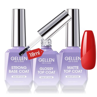 Gellen Gel Top Coat Base Coat - 3pc 18ml Matte & Glossy Top Coat Base Coat fo...