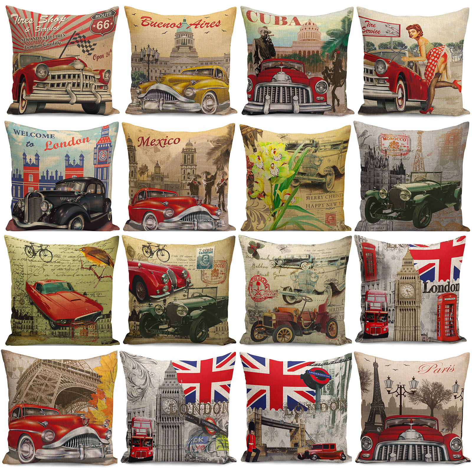 Vintage World City Cushion Cover Retro Eiffel Tower Decorative Pillow Case 18/"