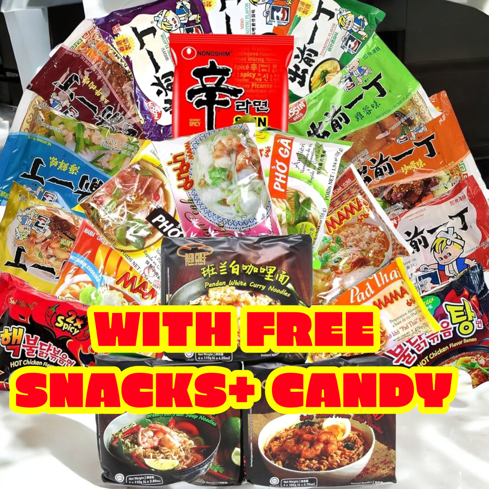 Asian Korean Japanese Chinese Variety instant ramen box + Free Snack, Candy