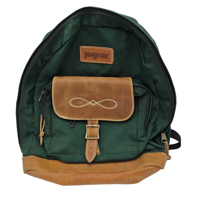 Vintage JANSPORT BackPack Green Leather Bottom School Size 2 Pocket USA 1990s