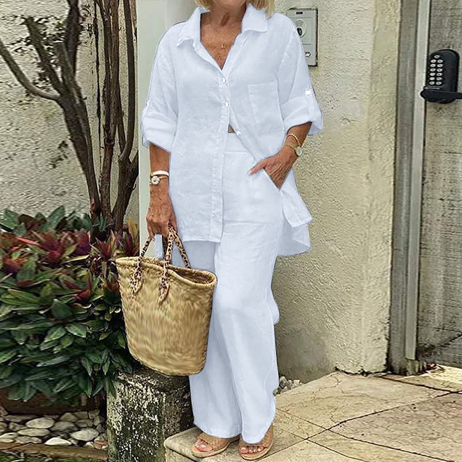 Women Casual Cotton Linen Suit Long Sleeves Shirt Loose Pants Set Female Outfits