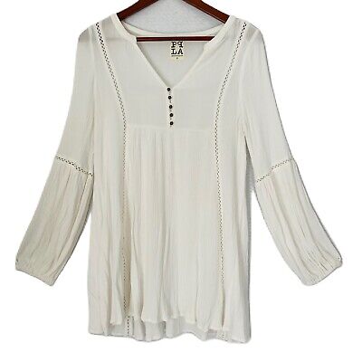 PPLA Clothing Tunic Women Size Small Ivory Crepe Lace Button Detail Peasant Boho