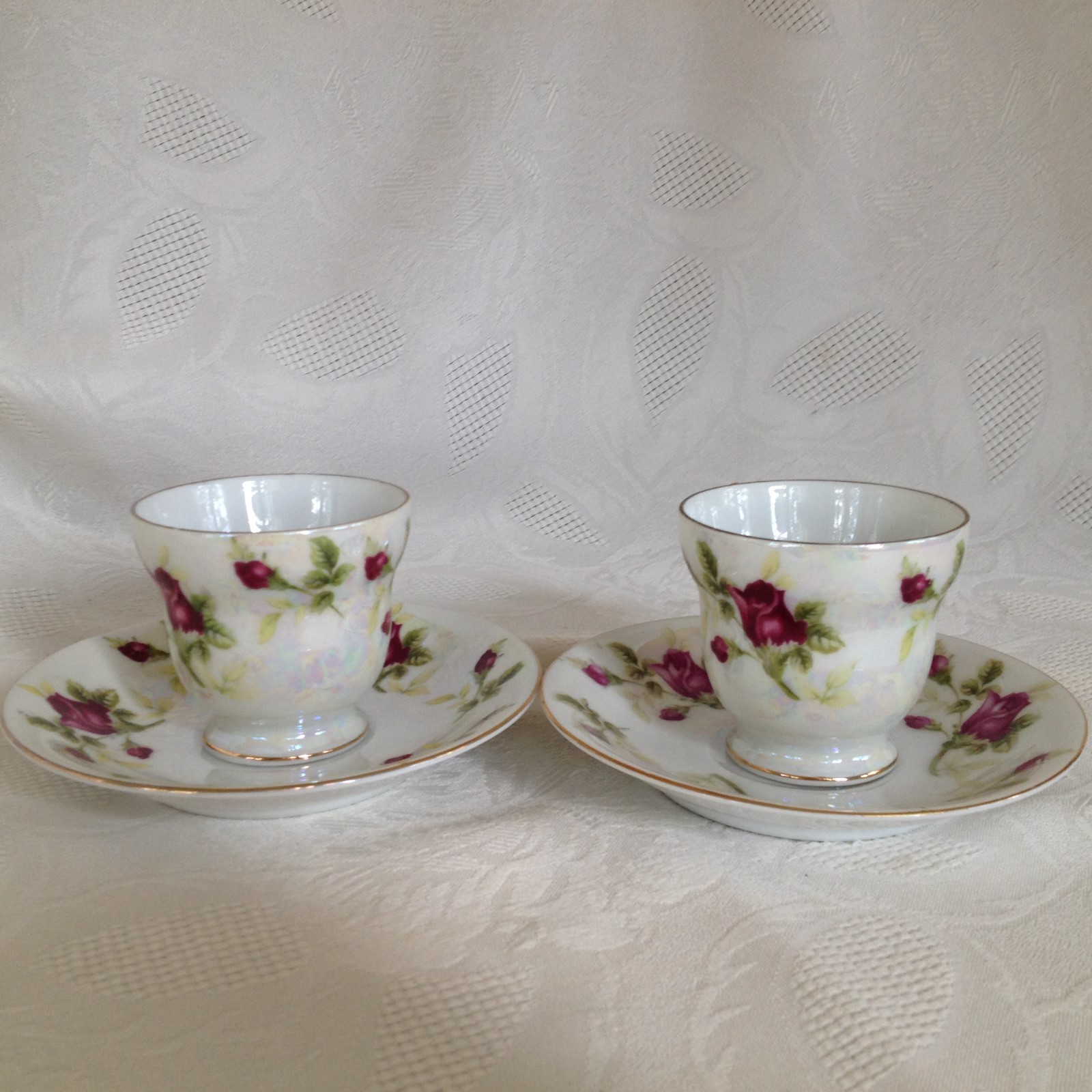 PAIR OF TMJ IRIDESCENT GOLD TRIM FLORAL ROSE DEMITASSE CUP AND SAUCER JAPAN
