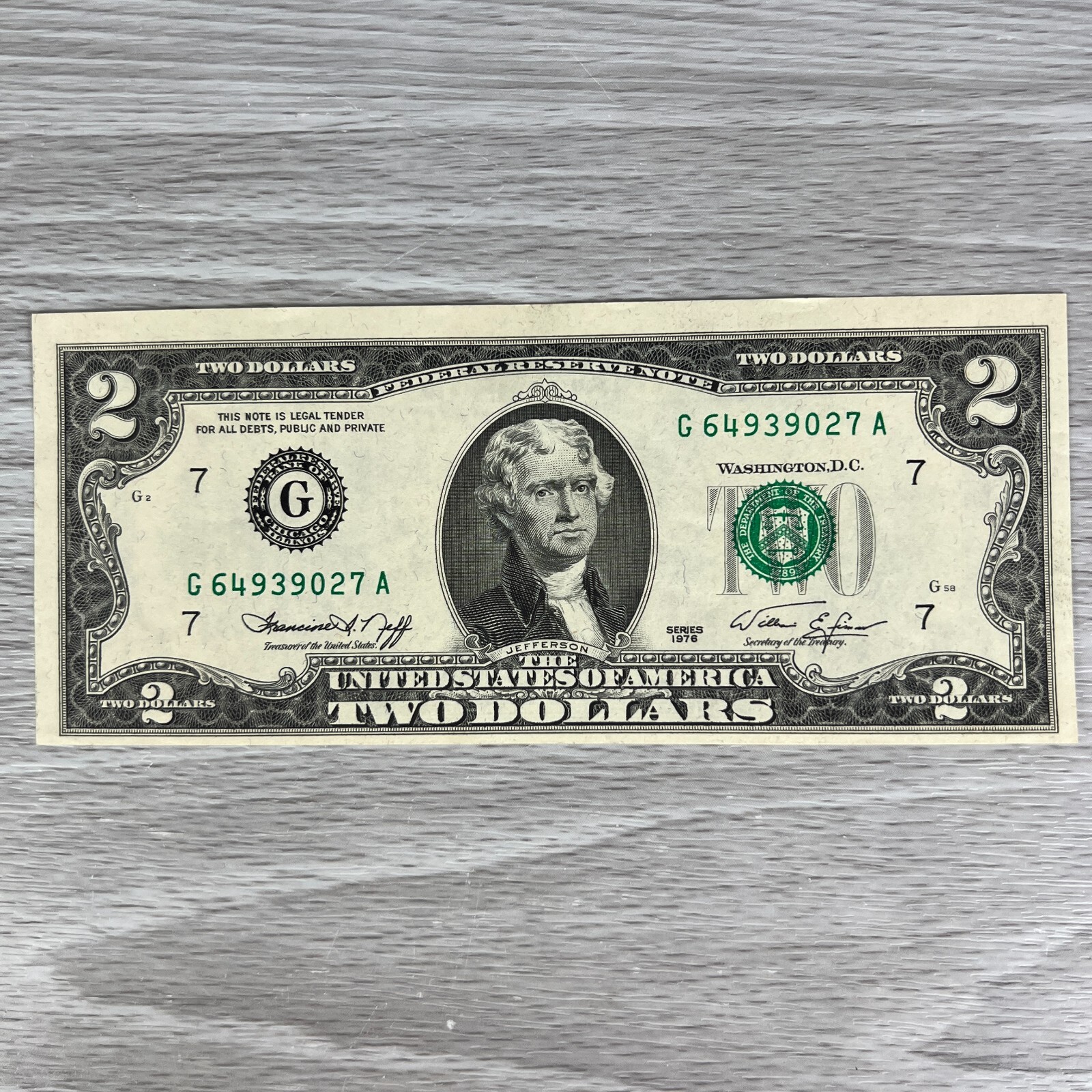 貴重　Made in U.S.A-2 1976 1976 $2.00 USD Bill Error Misaligned Green Seal Off Center
