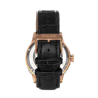 Pre-owned Heritor Automatic Everest Wooden Bezel Leather Band Watch W/date-rose Gold/black