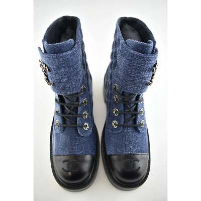 Pre-owned Chanel 21a Blue Black Quilted Cc Chain Combat Lace Up Tie Ankle Short Boots 38.5