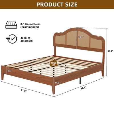 King/Queen Size Bed Frame with 3-Level Adjustable Natural Rattan Bed Headboard
