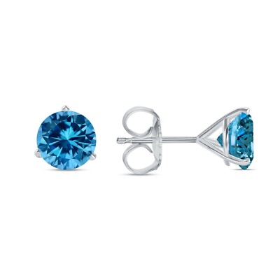 Pre-owned Shine Brite With A Diamond 5.50 Ct Round Cut Blue Earrings Studs Solid 18k White Gold Push Back Martini