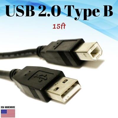 15ft Printer USB 2.0 Type A Male to B Male Black Cable - Brother Dell Epson HP