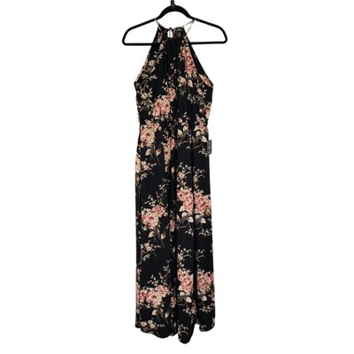 Lulus navy blue floral print halter neck maxi dress L NWT