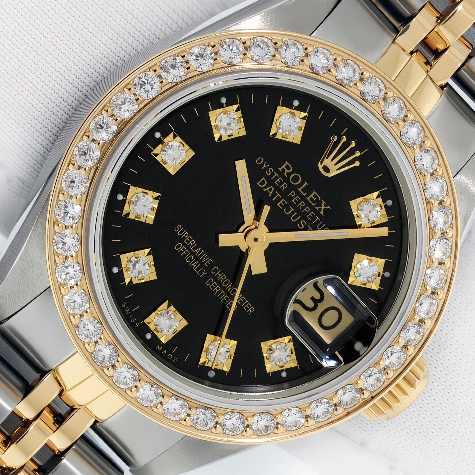 ROLEX LADY DATEJUST BLACK DIAMOND DIAL STEEL AND 18K GOLD DIAMOND BEZEL WATCH