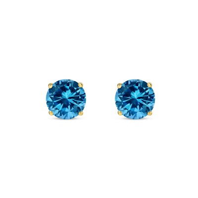 Pre-owned Shine Brite With A Diamond 3 Ct Round Cut Blue Earrings Studs Solid Real 18k Yellow Gold Push Back Basket