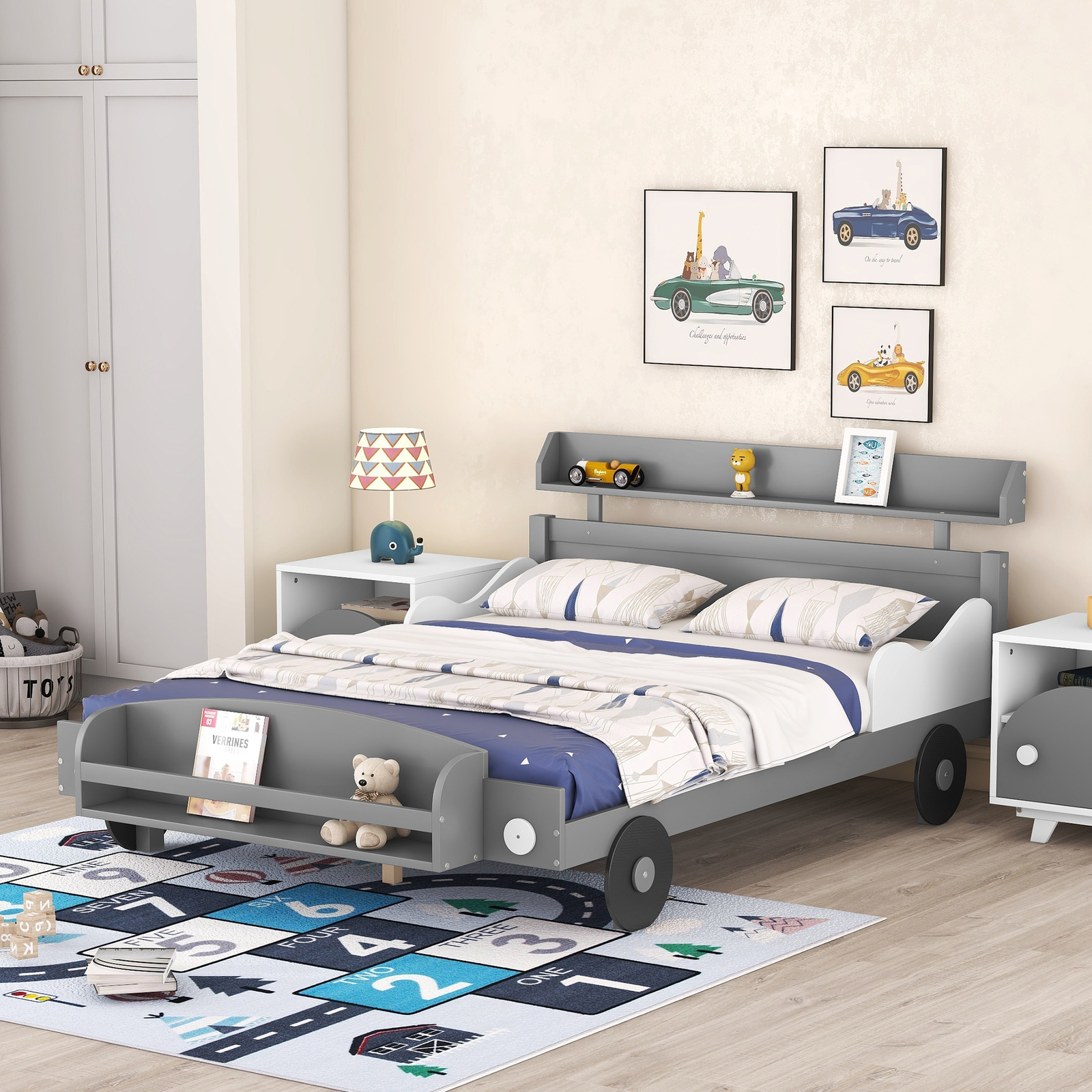Full Size Car-Shaped Platform Bed Frame,Full Bed with Storage Shelf for Bedroom