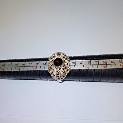 Sterling Silver Marcasite Ring with Dark Red Faux Ruby