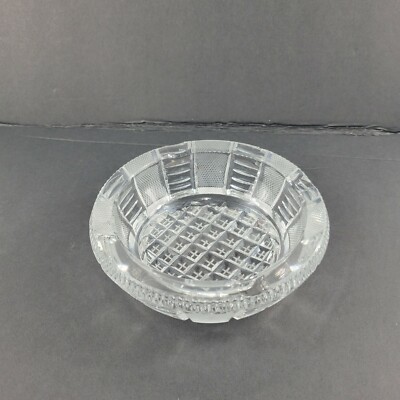 Heavy Cut Clear Glass Ashtray Checkered Pattern Vintage Round 5 Inch