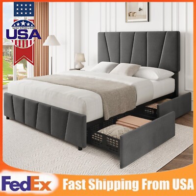 Twin Full Queen Size Bed Frame Storage Drawers Upholstered Headboard Platform