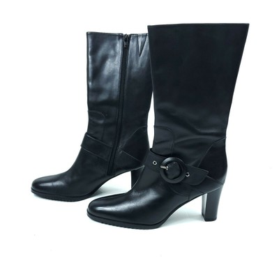 Gama Studio Womens Boots 7.5 B Black Leather Mid Calf Rounded Toe Heeled Buckle