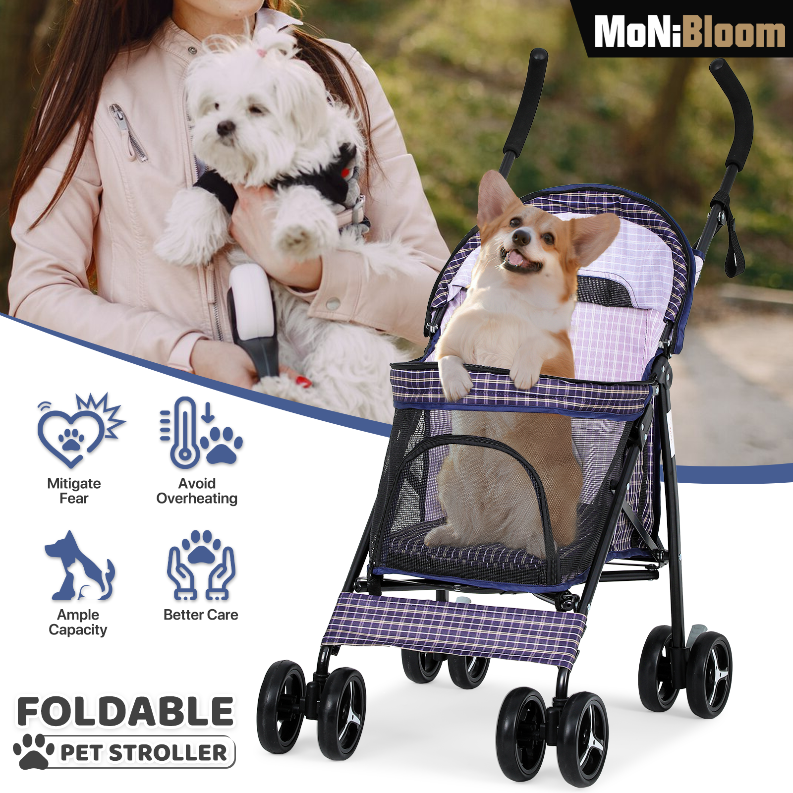 Pet Stroller 4 Wheels Foldable Cat Dog Travel Carrier Skylight w/Storage Basket
