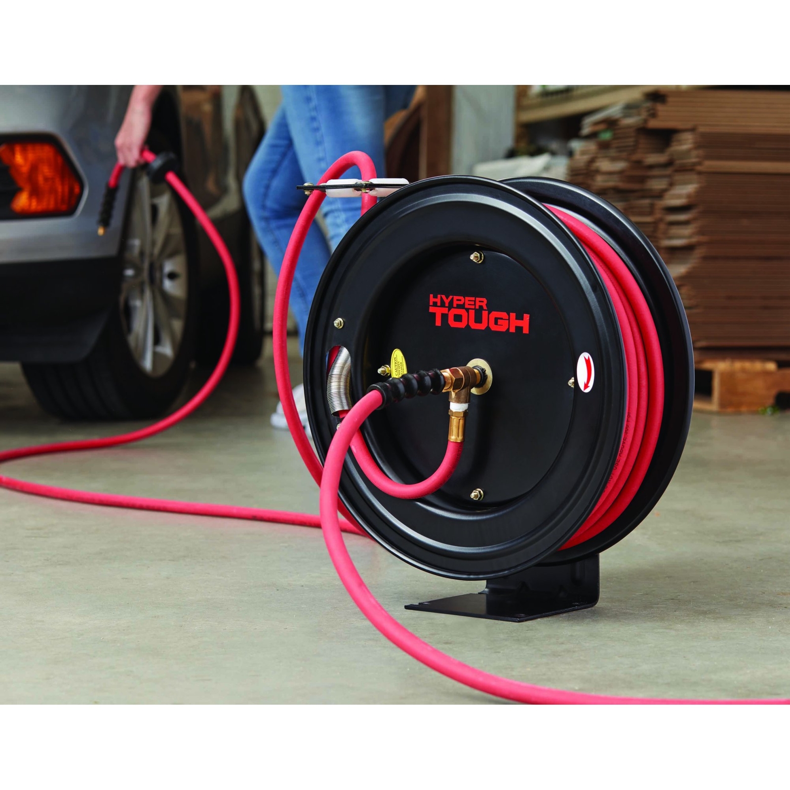 Portable Heavy Duty Retractable Garage Hose Reel W/3/8 in x 50ft Rubber Air Hose