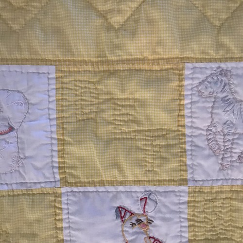 Vintage Yellow Baby Quilt  Hand Quilted Hand Embroidered Blanket Circus ANIMALS