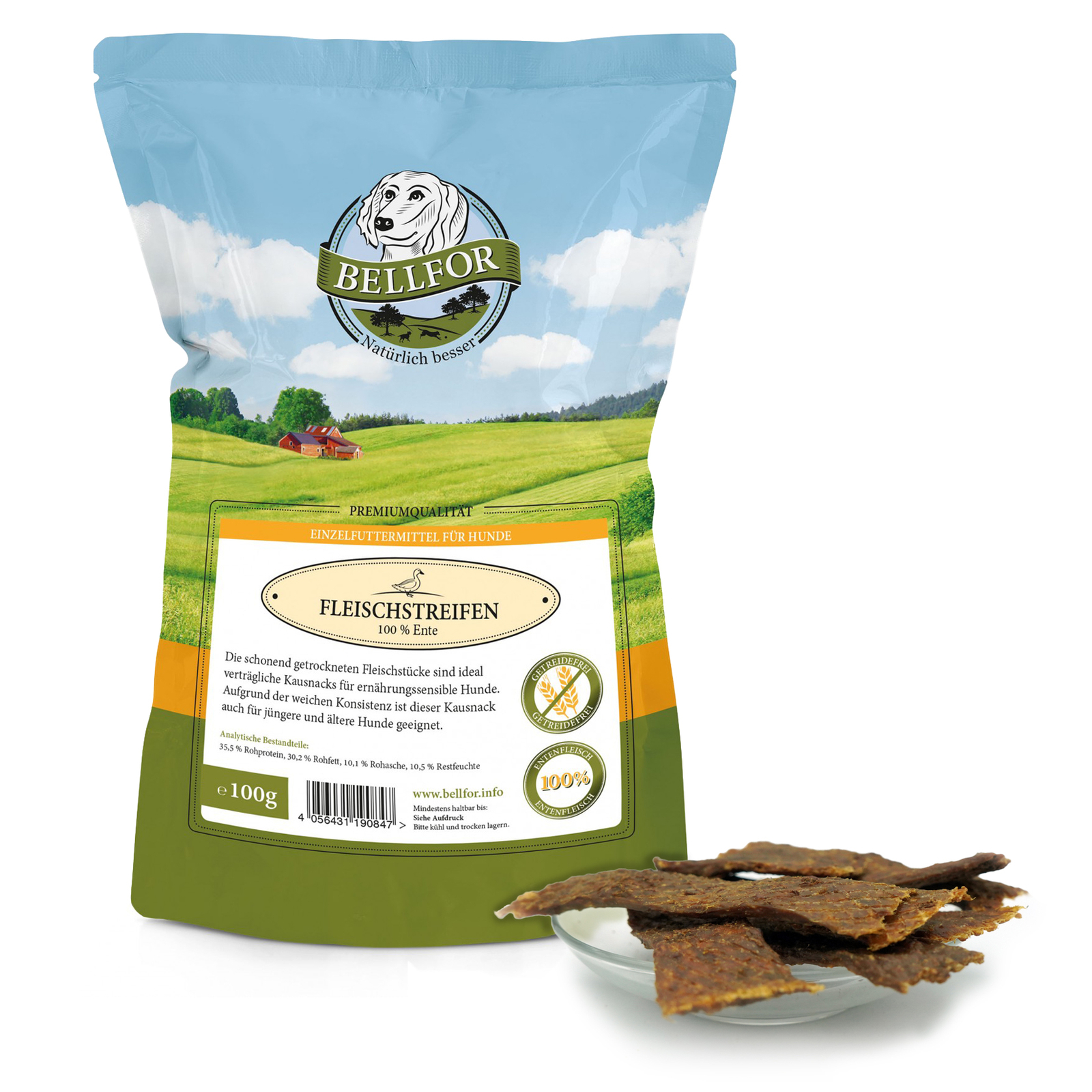Hundesnack Hundeleckerli Kausnacks Trockenfleisch Kaustreifen Ente Bellfor 100g