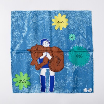 Hermes, ''Amis Pour La Vie'' blue silk scarf. 100% silk, Made in France