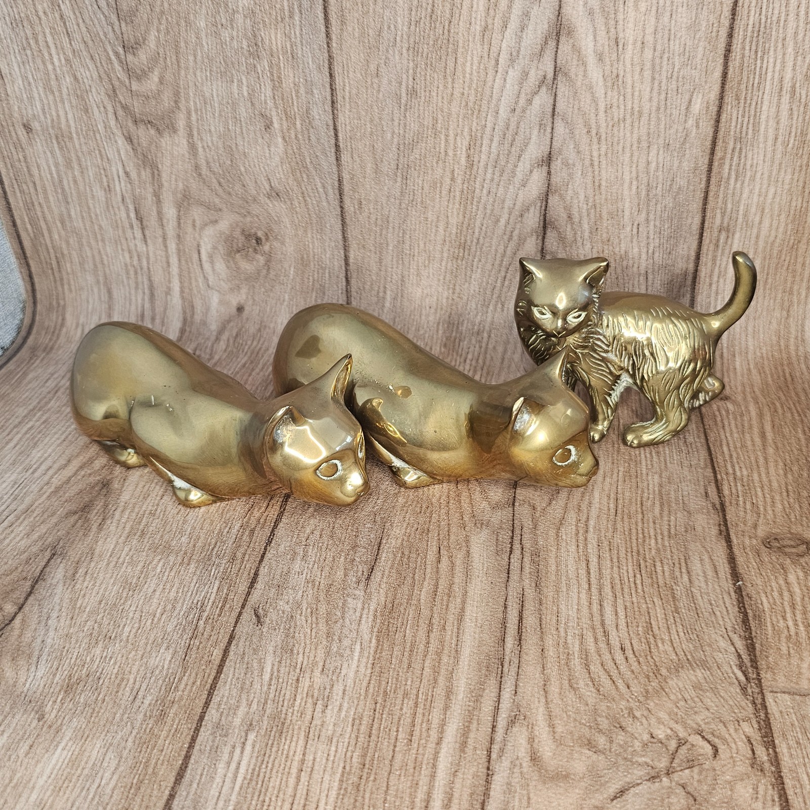 Vintage Brass Cat Figurines Trio Mid Century Brass Statues