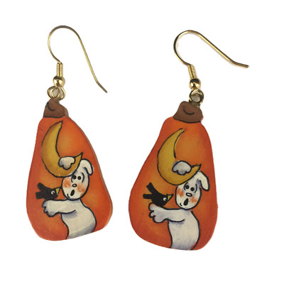 Halloween Earrings Ghost Pumpkin Bird Wooden Hand Painted Fish Hook Backs VTG
