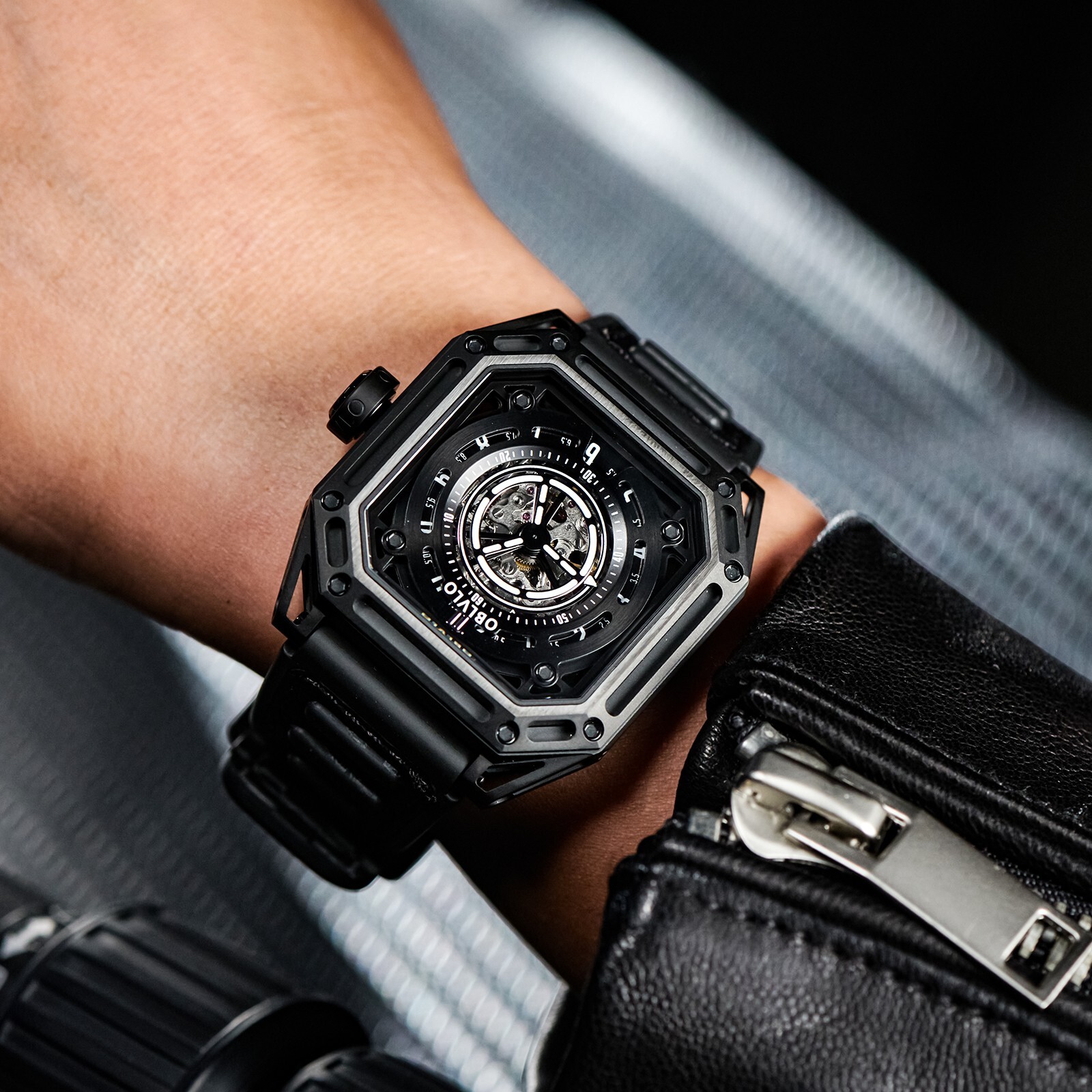 Pre-owned Reef Tiger Oblvlo Men Automatic Watch Luxury Mechanical Wristwatch Square Skeleton Luminous