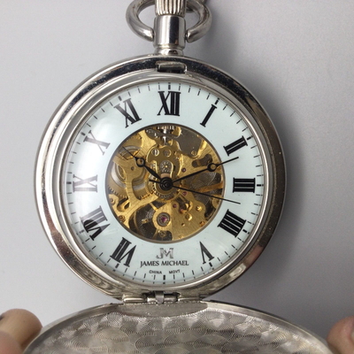 James Michael Skeleton Pocket Watch 46mm Metallic Silver Tone Manual Wind