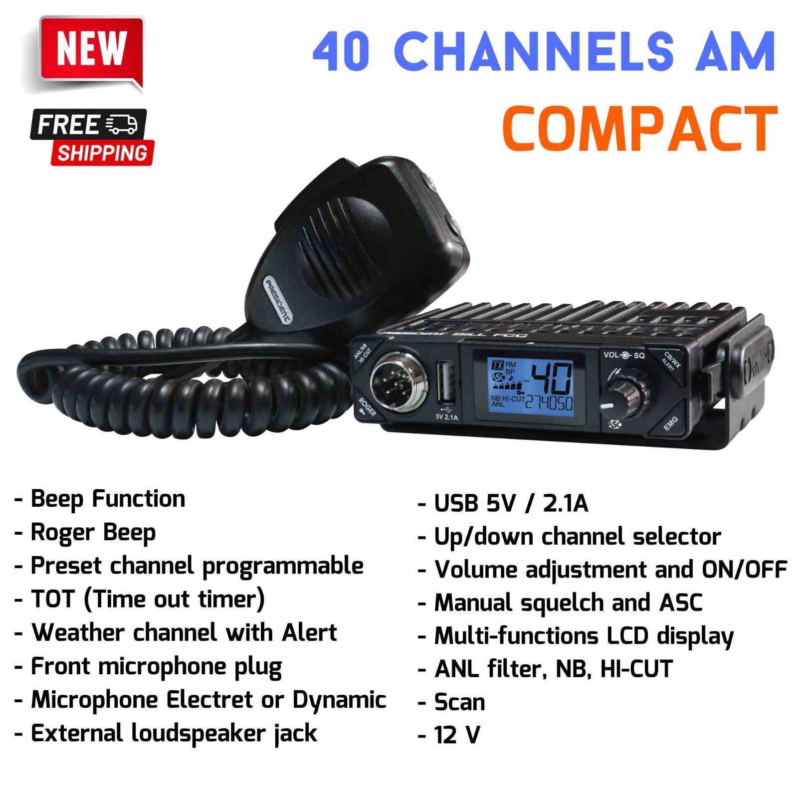 Small/ Compact CB Radio for Car Truck Weather Channels Auto 