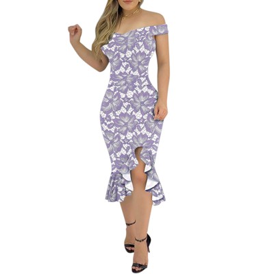 Womens Off Shoulder Ruffle Bodycon Dress Ladies Floral Summer Party Midi Dresses