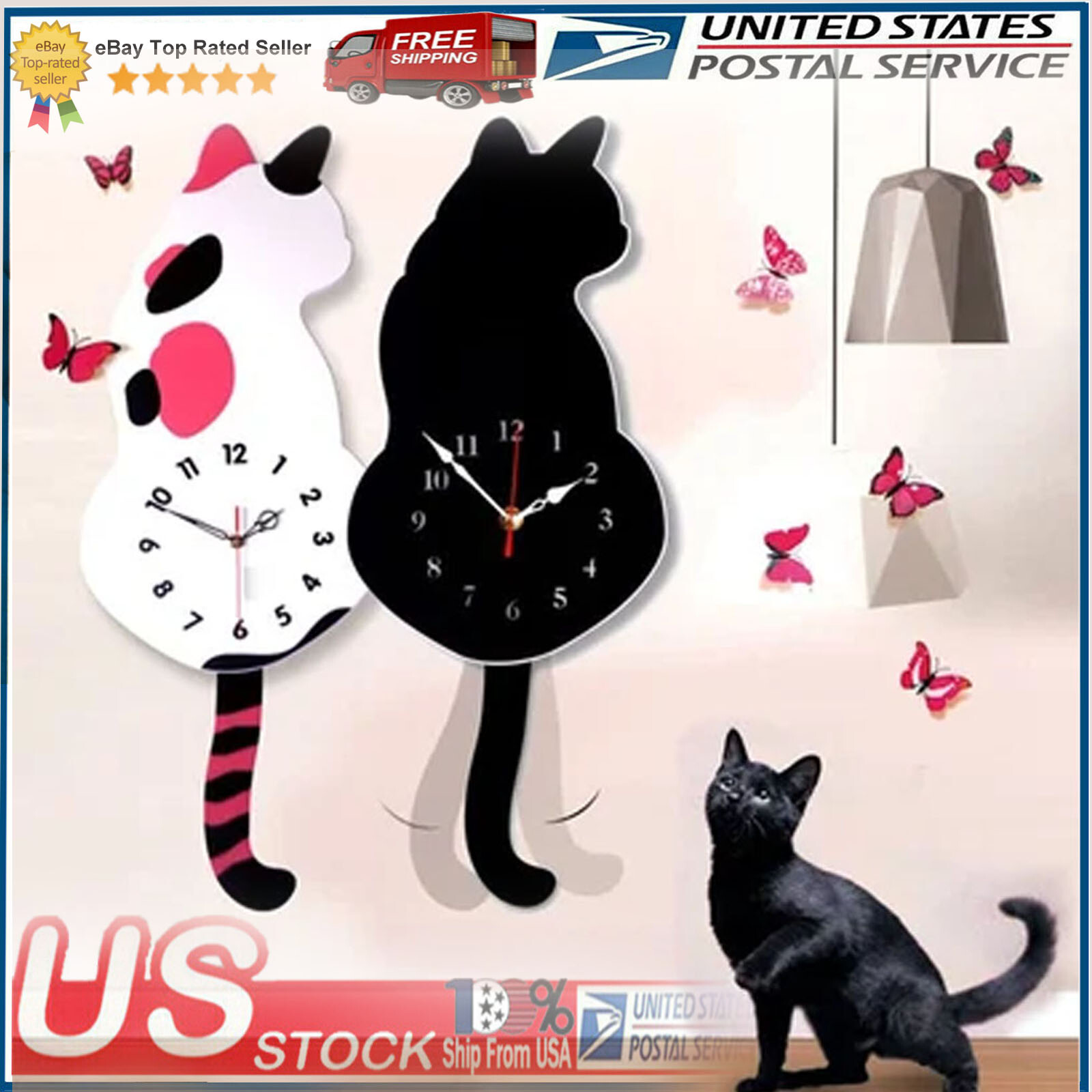 New Nordic Cat Wagging Tail Wall Clock Home Decor Large Bedroom Kitchen Fashion