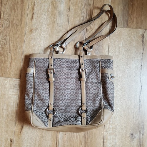 Coach Signature Tan Khaki Jacquard Leather Purse Satchel