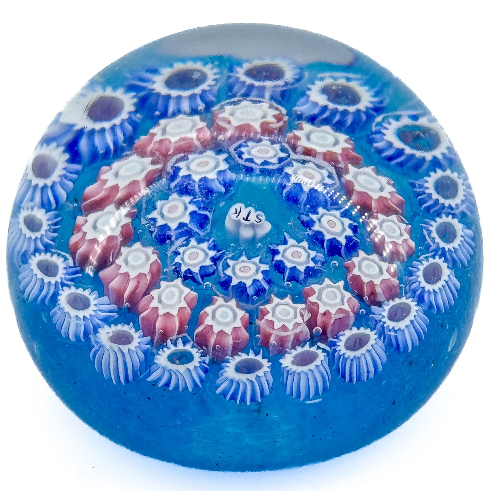 Vtg John Deacons Millefiori Paperweight Scotland STK Red White Blue Signed