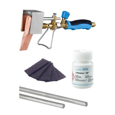 CFH Set Kupferlötkolben Stangenlötzinn Zinkblech Lötwasser und Reinigungsvlies