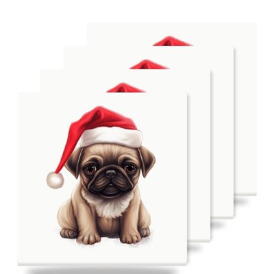 Pug Puppy Drawing Santa Hat Christmas Coasters Set of 4 Ceramic Cork Back
