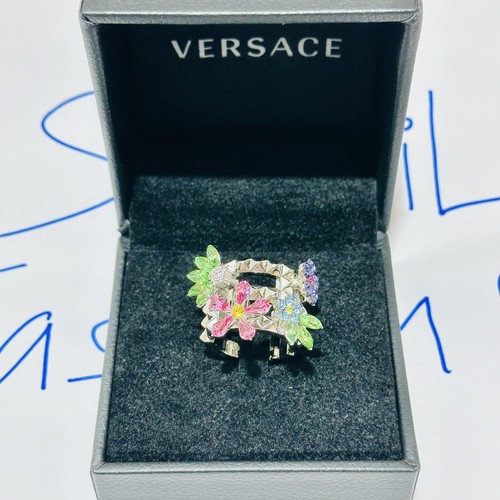 Pre-owned Versace Greca Multi Color Crystal Flower Bloom Silver Ring Size 15/us 7 $675