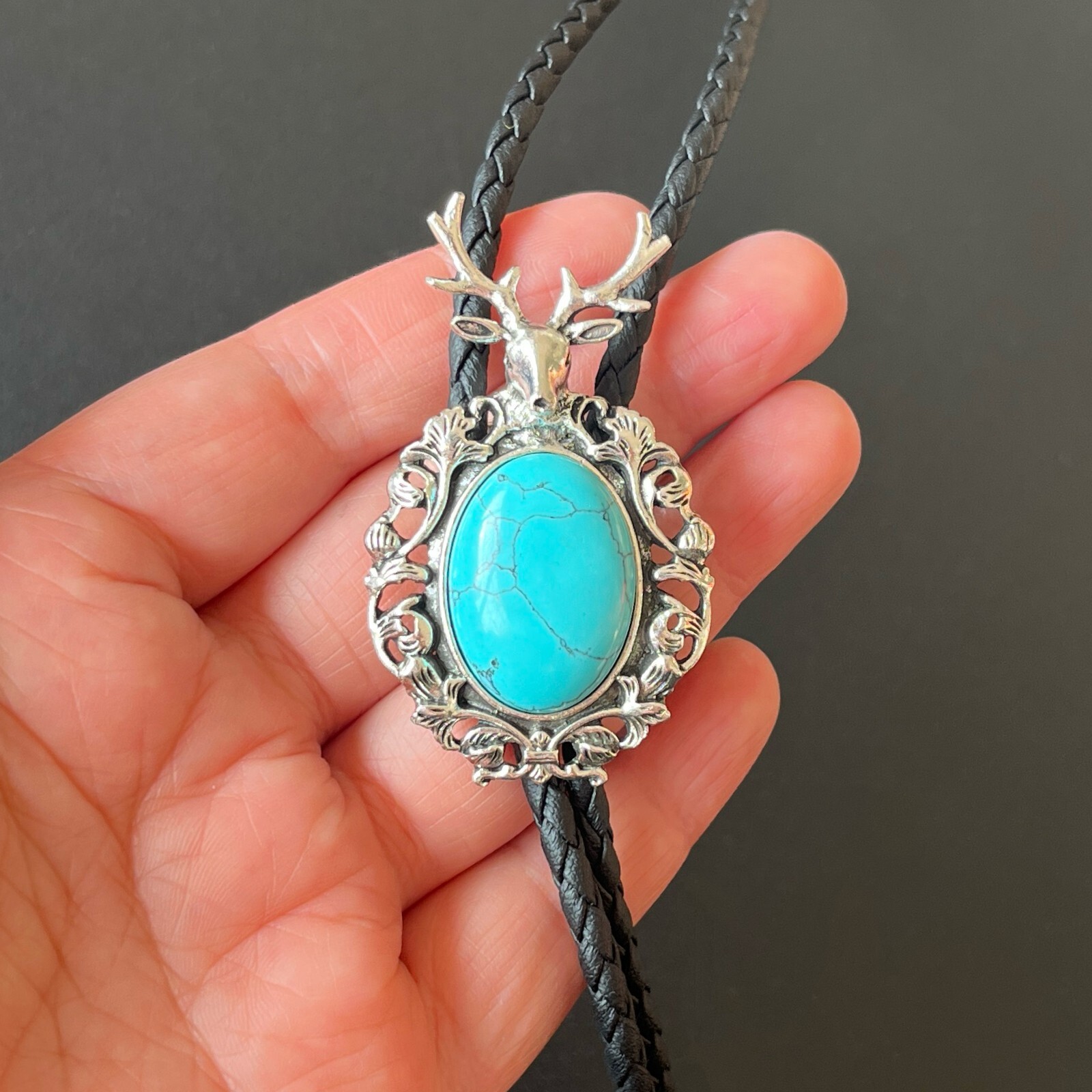 Vintage Silver Elk Base & Blue Turquoise Stone Bolo Tie