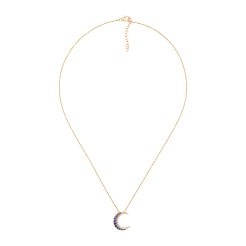Pre-owned Welry 14k Yellow Gold Moon Pendant Necklace With Lab-created Sapphires, 16" + 1" In Blue