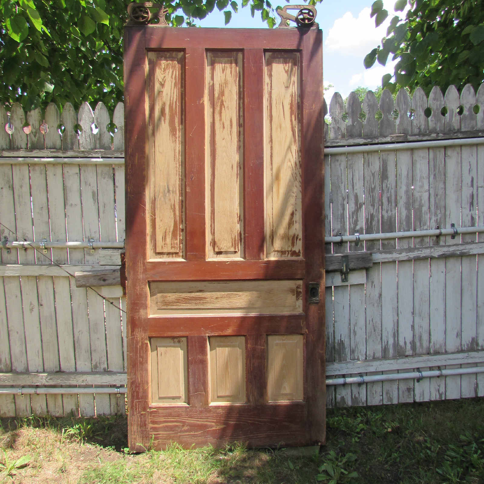 Late 1800's Large 7 Panel Pine Pocket Door Ives Rollers Victorian Hardware
